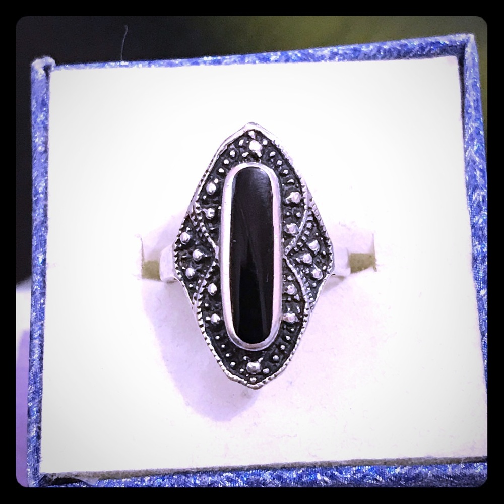 Vintage Black Onyx Silver Statement Ring - image 1